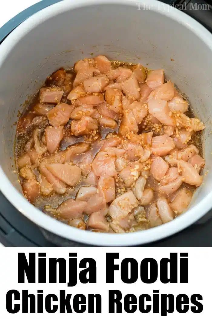 Raw diced chicken with seasoning in a Ninja Foodi pot, perfect for pressure cooker cashew chicken. Text: Ninja Foodi Chicken Recipes.