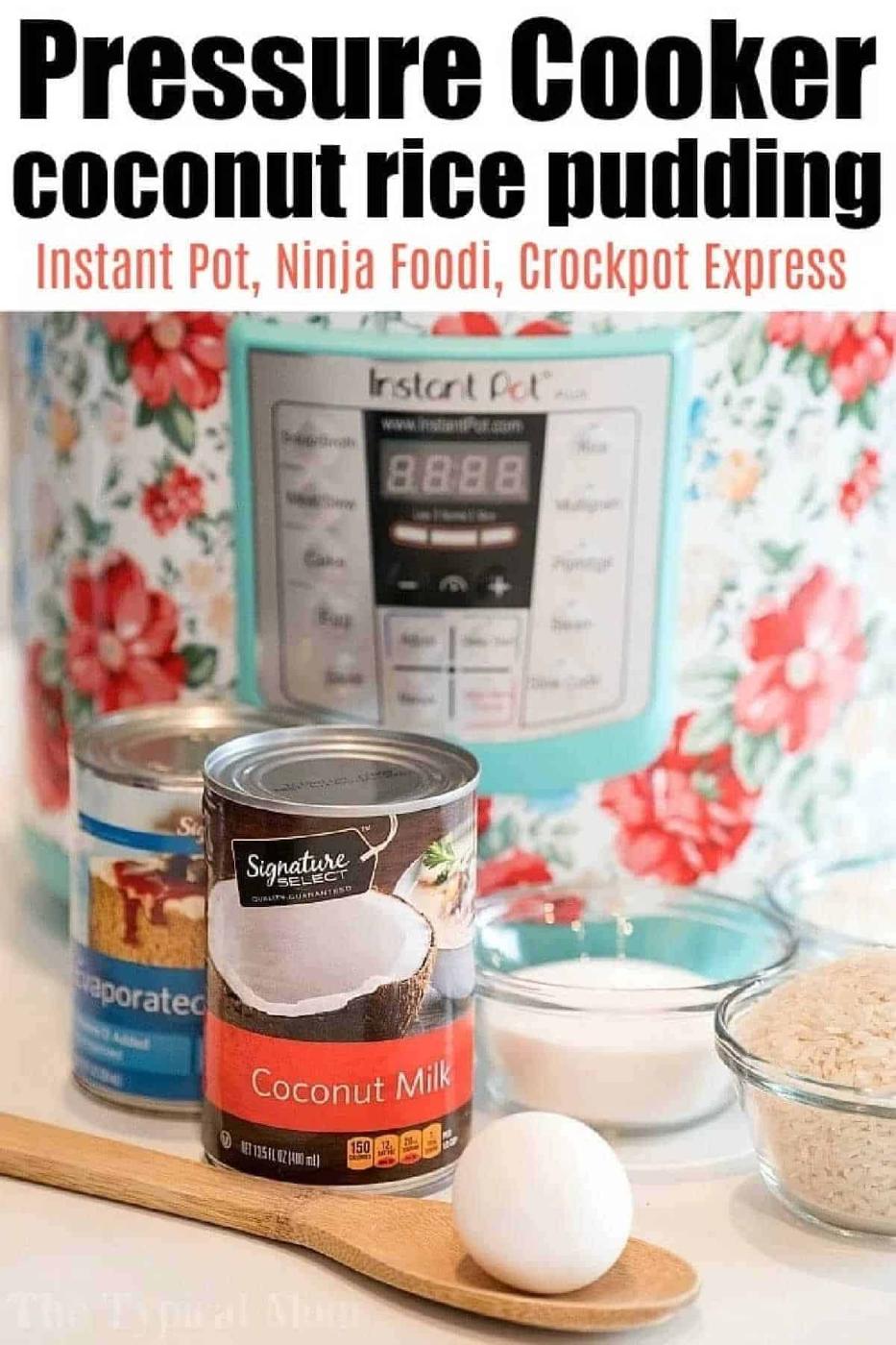 Cans of coconut milk and evaporated milk, egg, rice, and Instant Pot for a delicious pressure cooker coconut rice pudding recipe.