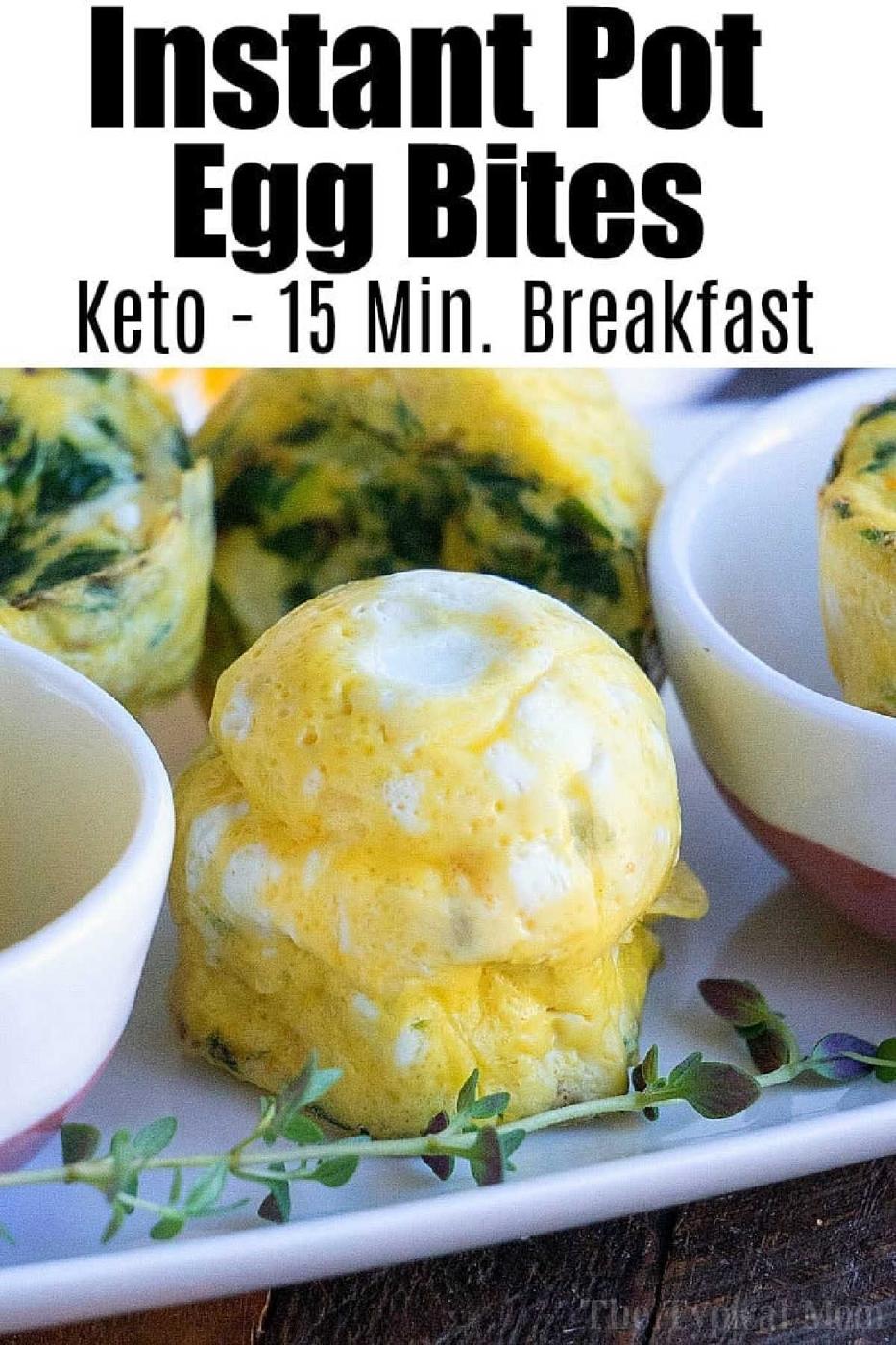 A close-up of pressure cooker egg bites on a plate, with text about a keto 15-minute breakfast.