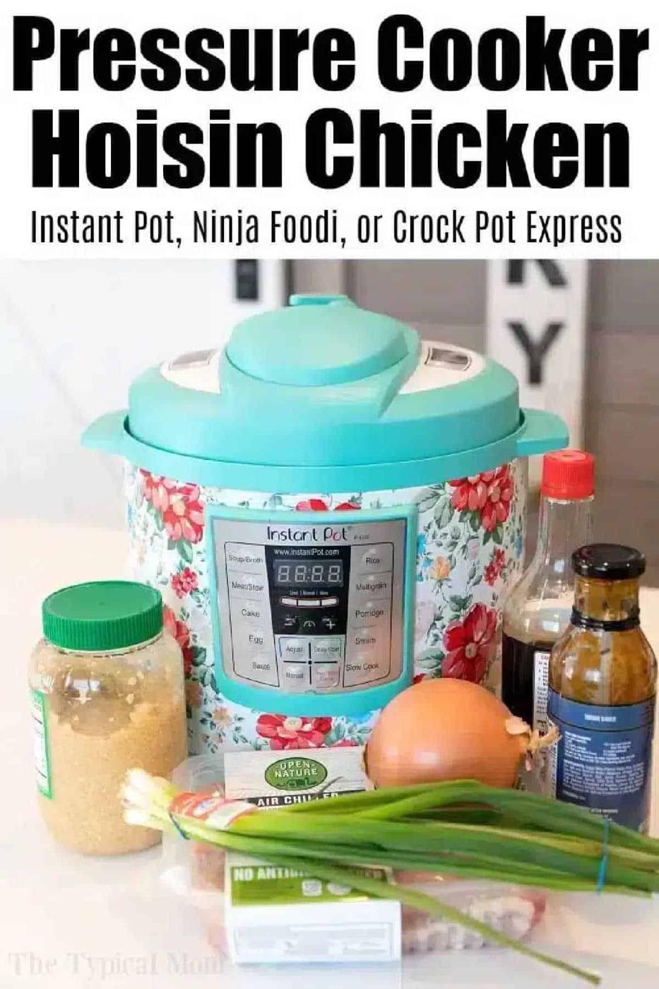 A floral Instant Pot perfect for making hoisin chicken, featuring ingredients like garlic, hoisin sauce, green onions, and oil.