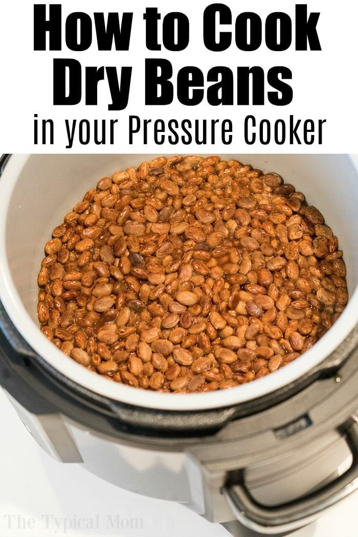 Text overlay reads How to Cook Dry Beans in your Pressure Cooker above a pot of pinto beans for pressure cooker refried beans.