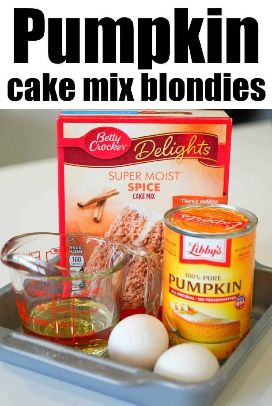 A box of spice cake mix, a can of pumpkin, two eggs, and oil come together in a pan for easy pumpkin blondies.