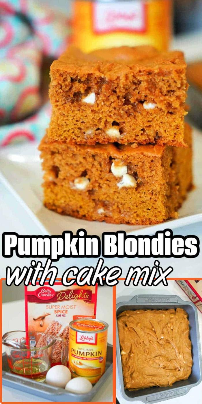 Two pumpkin blondies stacked, surrounded by ingredients like cake mix, pumpkin, eggs, and a pan of batter ready to bake.