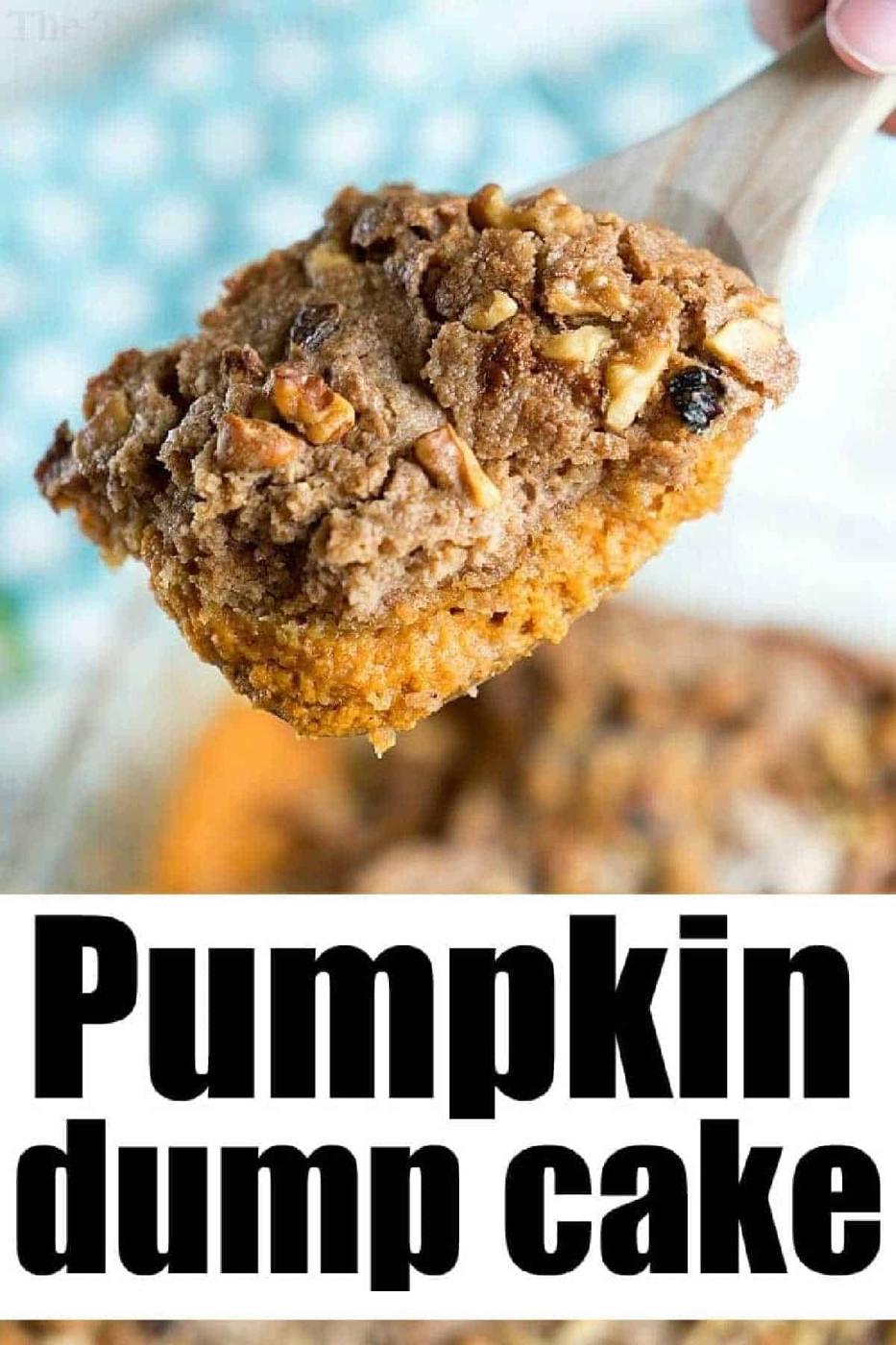 A wooden spoon holds a serving of pumpkin pie dump cake, topped with nuts and crumble.