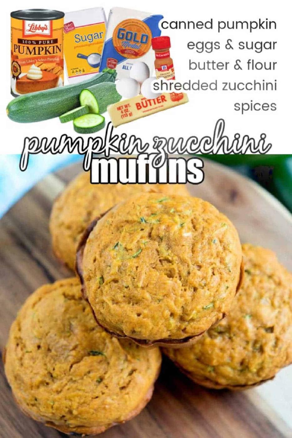 Pumpkin zucchini muffins on a plate, showcased with vibrant images and text listing the ingredients above.