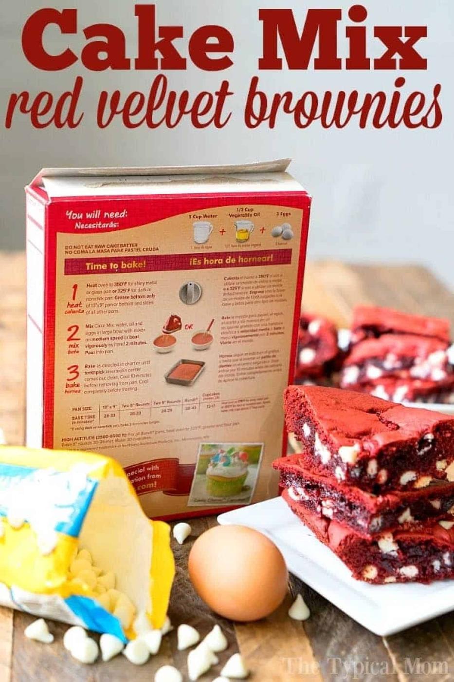 A box of red velvet cake mix is paired with an egg and chocolate chips, ready to create delicious red velvet brownies from cake mix on your table.