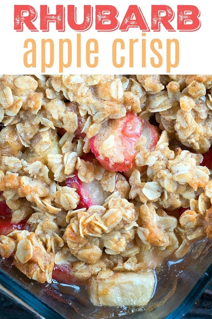 A close-up of rhubarb apple crisp with oat topping, showcasing pieces of rhubarb and apple underneath—this delicious dessert is reminiscent of a classic rhubarb crunch.