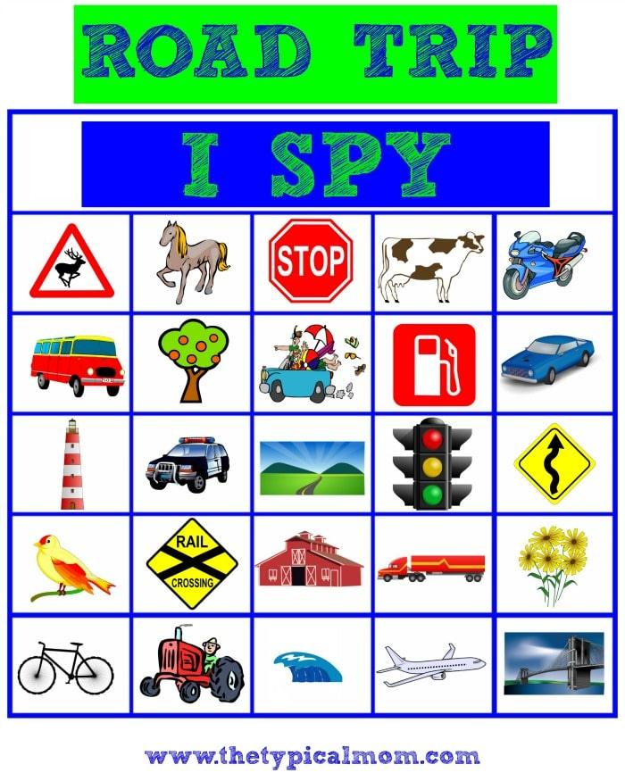 Road trip I Spy game sheet featuring a Nature Scavenger Hunt list with images of road signs, vehicles, animals, and nature.