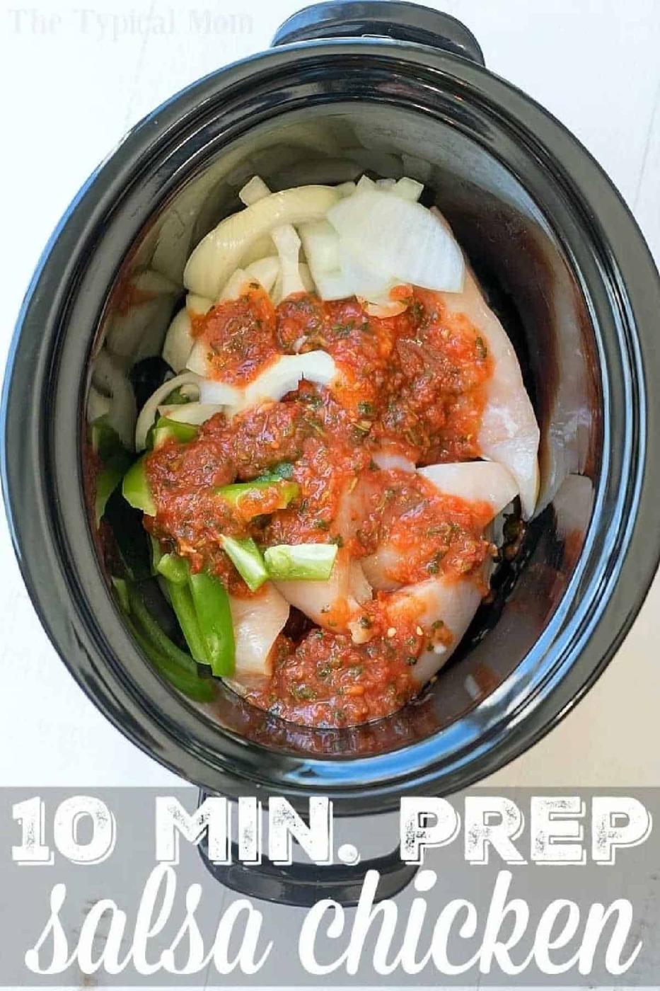 Raw chicken, onions, and green peppers for slow cooker salsa chicken—just 10 min. prep!.