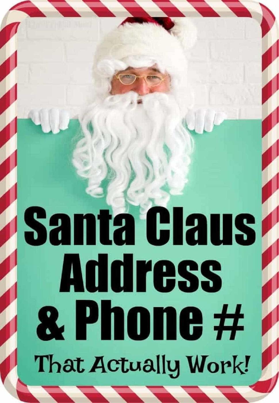 Santa Claus holding a sign framed by a candy cane border, inviting you to send a letter to Santa with his address and phone number displayed.