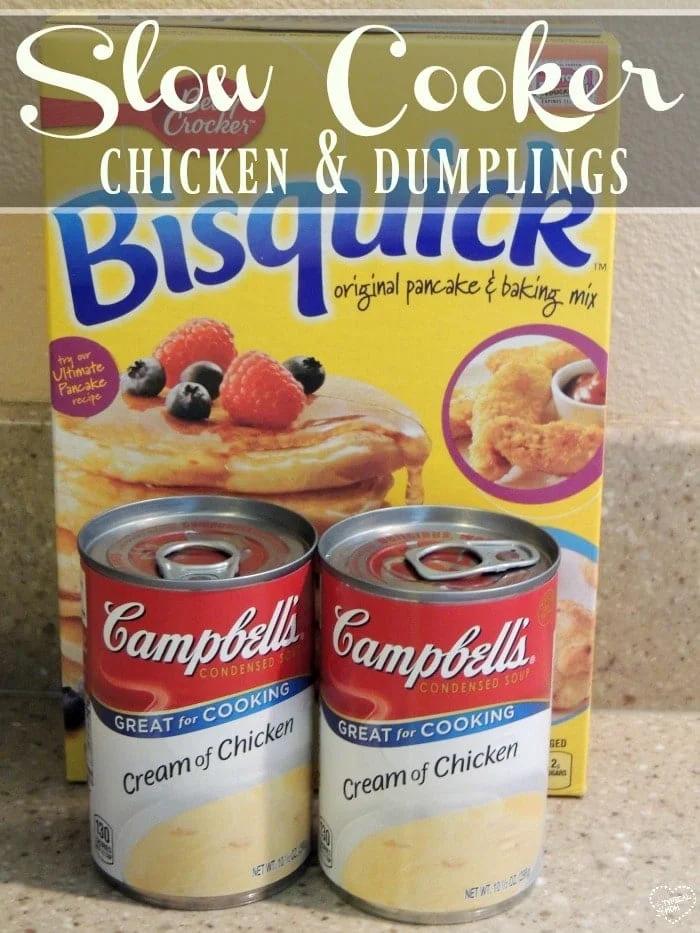 Bisquick box and two cans of Campbell’s Cream of Chicken soup on a kitchen counter—perfect ingredients for making classic slow cooker chicken and dumplings.