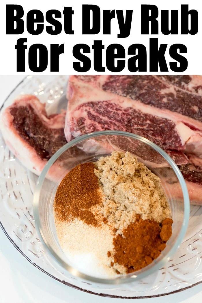 A plate of raw steaks with a bowl of spices in the foreground highlights the Best Steak Dry Rub.