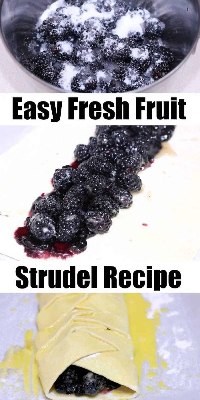 Bowl of sugared berries, berries on strudel dough, and wrapped strudel pastry brushed with egg wash.
