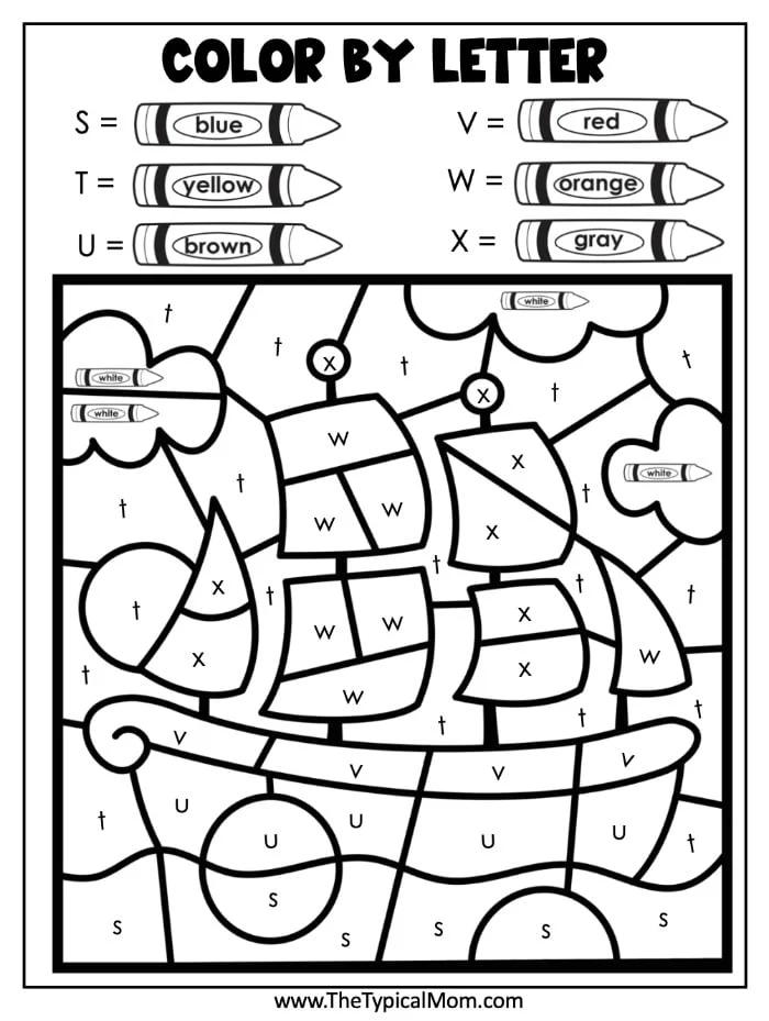 Thanksgiving color-by-letter activity page featuring a ship. Letters M, S, T, U, V, W, and X correspond to colors blue, red, yellow, orange, brown, gray, and white. Crayons illustrating color assignments are at the top. Perfect for festive fun!