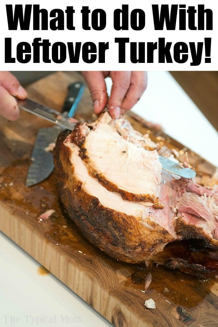 Skillfully slicing a cooked turkey breast on a wooden board, this scene sets the stage for discovering the best leftover turkey recipe you've been searching for.