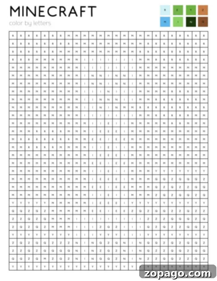 Free Minecraft Pixel Art Coloring Fun 4 Example of a completed Minecraft Color by Number puzzle revealing a hidden character