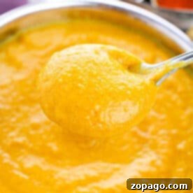 Cozy Canned Pumpkin Soup 5 A spoon holding thick, creamy Pumpkin Soup with Canned Pumpkin hovers over a bowl filled with the same golden curry sauce.
