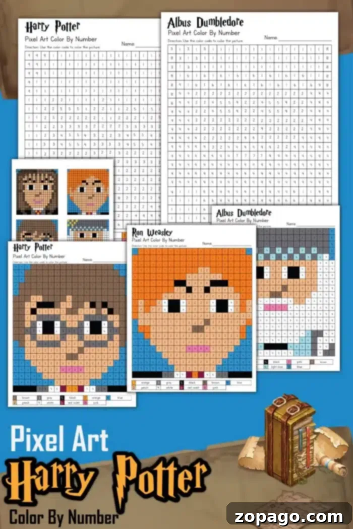 8-Bit Harry Potter Coloring Pages 2 Harry Potter Pixel Art color-by-number sheets depict characters like a young wizard, a red-haired boy, and an elderly man with glasses and a long beard. The grids feature numbers alongside color charts. Text reads Pixel Art Harry Potter Color By Number.
