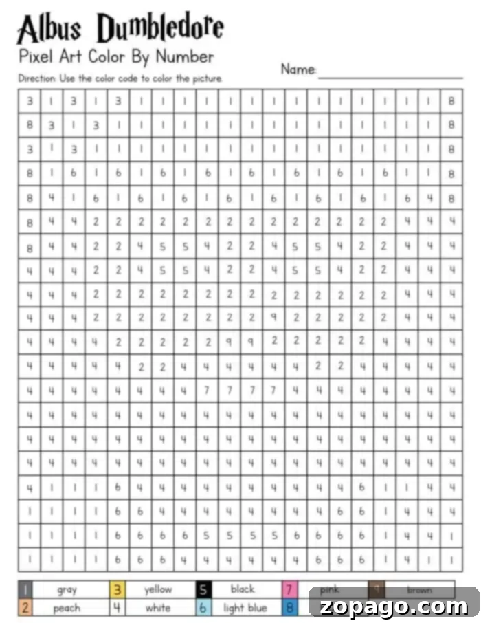8-Bit Harry Potter Coloring Pages 3 Color-by-number grid featuring Harry Potter Pixel Art of Albus Dumbledore. Uses numbers 1-8 for colors: gray, peach, yellow, white, black, light blue, pink, and brown. Sections are filled with digits guiding the coloring process.