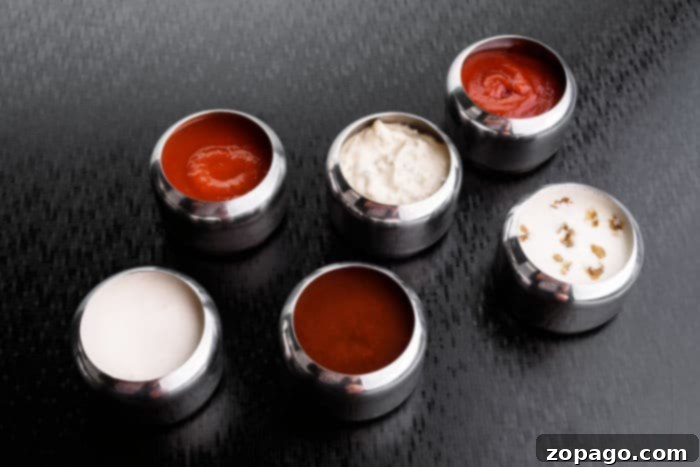 Irresistible Nugget Dipping Sauces 4 A selection of colorful dipping sauces alongside crispy chicken nuggets