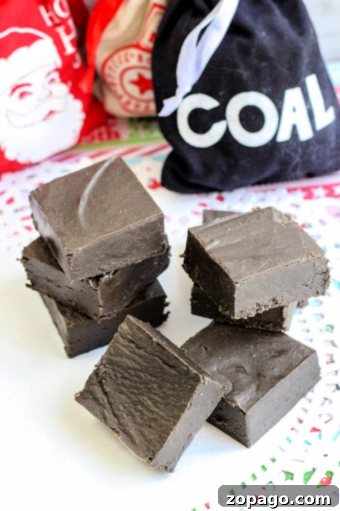 Decadent Dark Chocolate Fudge 6 A festive display of Christmas Coal Fudge, perfect for holiday gifts