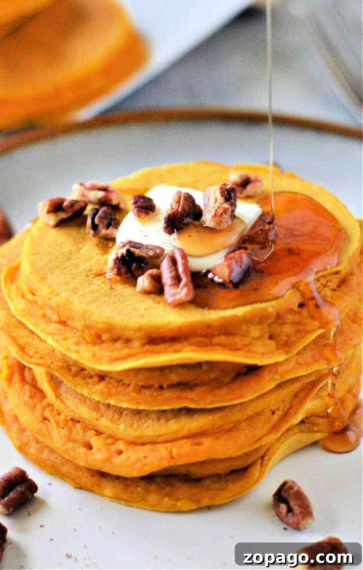 Bisquick Pumpkin Spice Pancakes 2 A stack of golden brown Bisquick Pumpkin Pancakes generously topped with melted butter, crunchy chopped pecans, and a luscious drizzle of maple syrup.