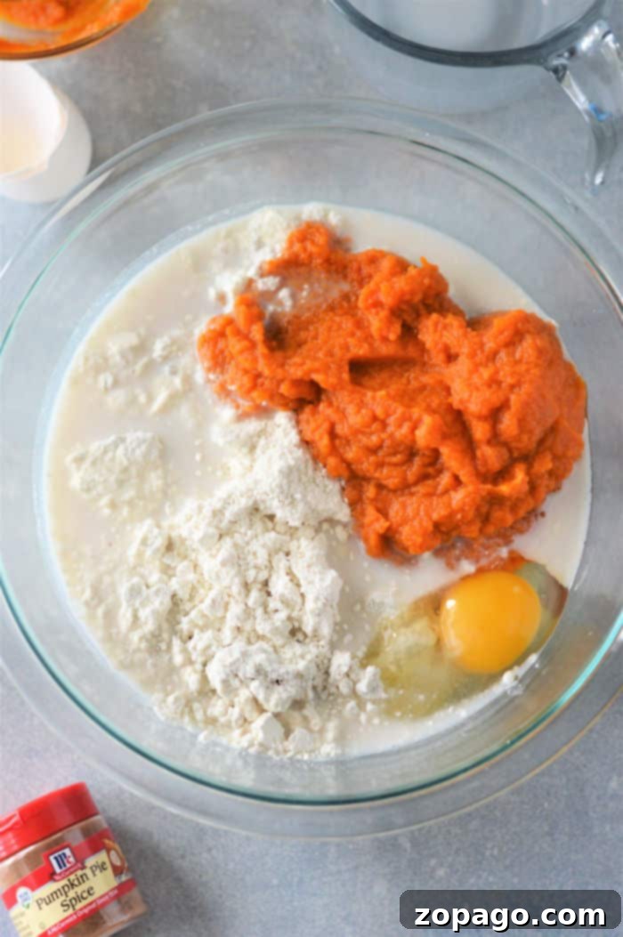 Bisquick Pumpkin Spice Pancakes 4 A bowl brims with pumpkin puree, Bisquick, egg, and milk mixture. Nearby, a container of pumpkin pie spice hints at the delicious transformation into fluffy pumpkin pancakes.