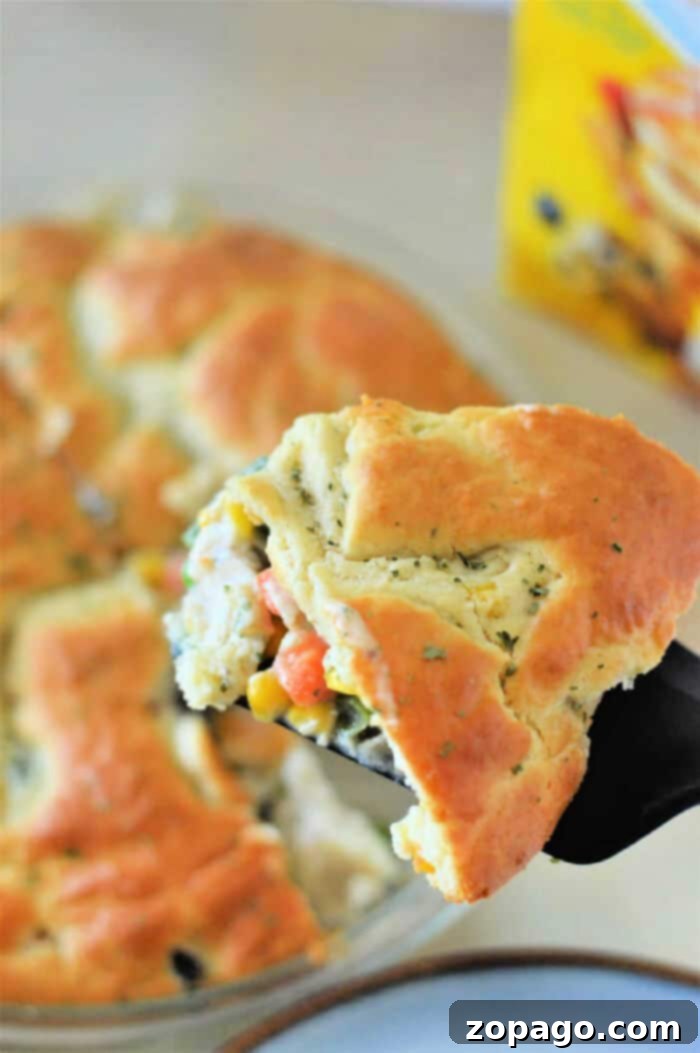 A delectable slice of Bisquick Pot Pie, showcasing a golden-brown crust and a creamy, vegetable-rich filling, served on a spatula.