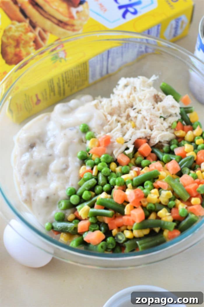 A delicious Bisquick Chicken Pot Pie baked to perfection with a golden crust and visible mixed vegetables, ready to serve.