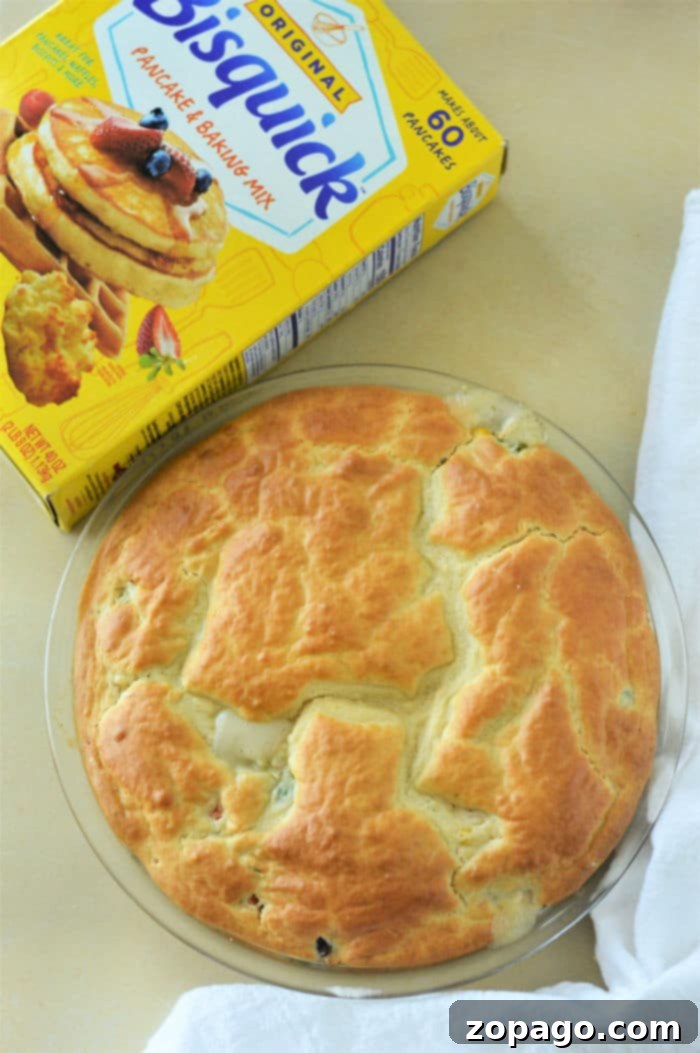 A full view of a golden-crusted Bisquick Pot Pie, fresh from the oven, served in a pie dish on a wooden surface.