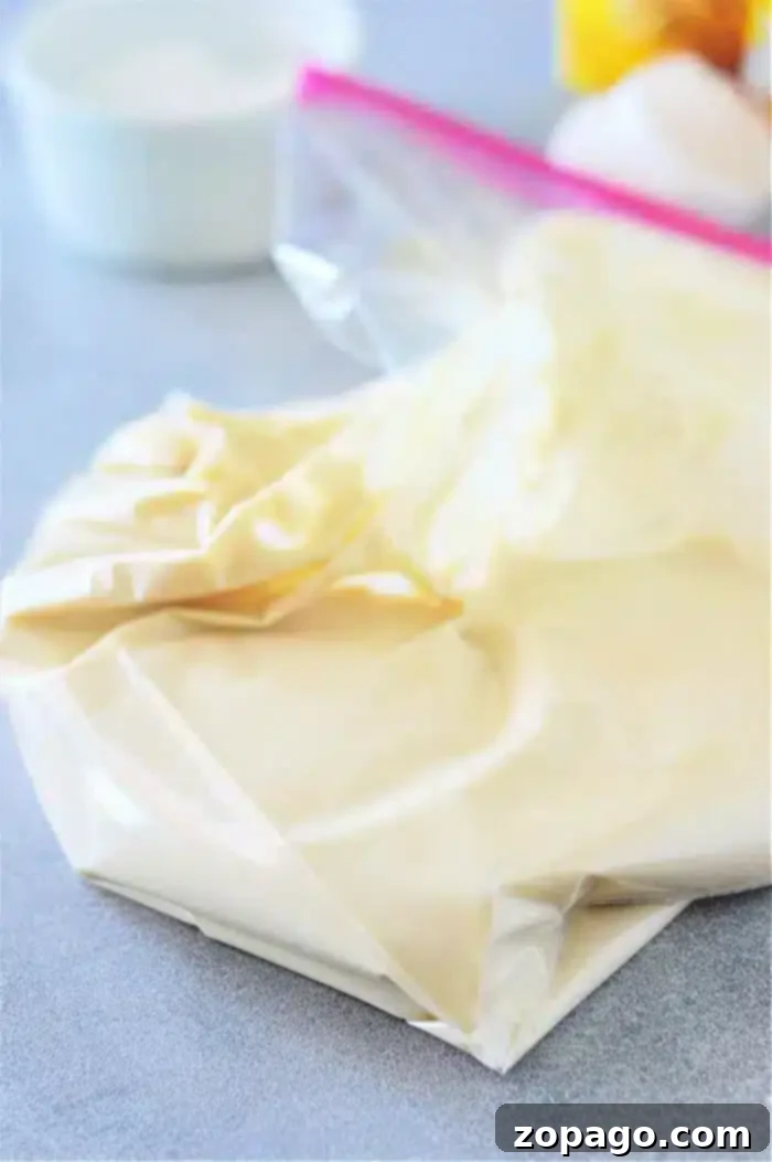 Effortless 3-Ingredient Bisquick Funnel Cake 4 A clear plastic freezer bag, filled with light yellow Bisquick batter, lies on a gray surface. The bag is securely sealed, with a small corner already snipped, indicating it's ready to be used for piping funnel cakes. Blurred kitchen elements are in the background.