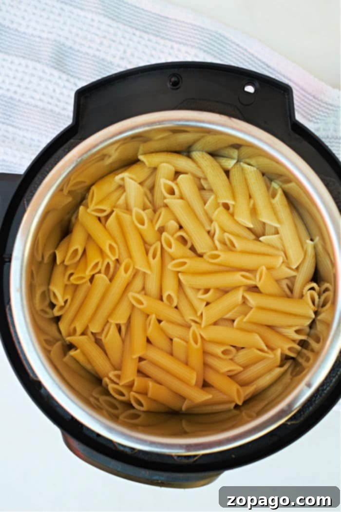 One-Pot Pressure Cooker Pasta 5 Diagram showing the pressure cooker pasta water ratio