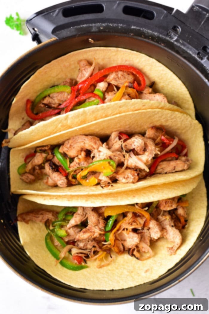 Sizzling Fajita Chicken Tacos 5 A delicious chicken fajita wrap, generously filled with tender chicken and colorful vegetables, topped with fresh cilantro.