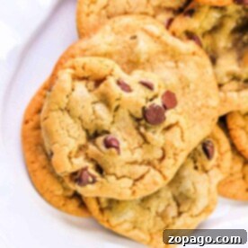 Ultimate Dairy-Free Chocolate Chip Cookies 8 A delightful pile of dairy-free chocolate chip cookies sits on a white plate, tempting with its rich aroma and chewy texture.