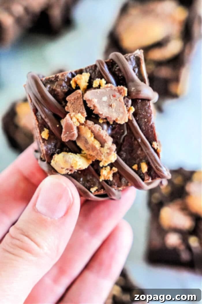 Decadent Peanut Butter Chocolate Fudge 2 Close-up of a hand holding a decadent chocolate fudge, drizzled with rich chocolate and topped with crushed candy. The fudgy texture, enhanced by hints of peanut butter and creamy condensed milk, makes it a delightful indulgence.