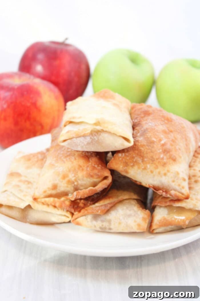 Crispy Air Fryer Apple Pie Egg Rolls 9 Crispy Air Fryer Apple Egg Rolls arranged on a serving plate.