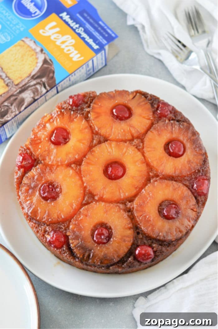 Sunshine Pineapple Upside Down Cake with Yellow Mix 6 Cake Mix Pineapple Upside Down Cake - showcasing the whole cake ready to be served