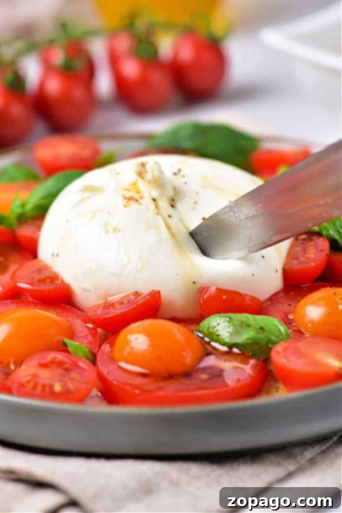 Burrata Caprese Nasıl Yapılır? 8 Burrata Caprese features creamy burrata cheese, vibrant sliced tomatoes, and fragrant fresh basil leaves elegantly arranged on a plate. A knife gently slices into the burrata, revealing its luscious interior, inviting a taste.