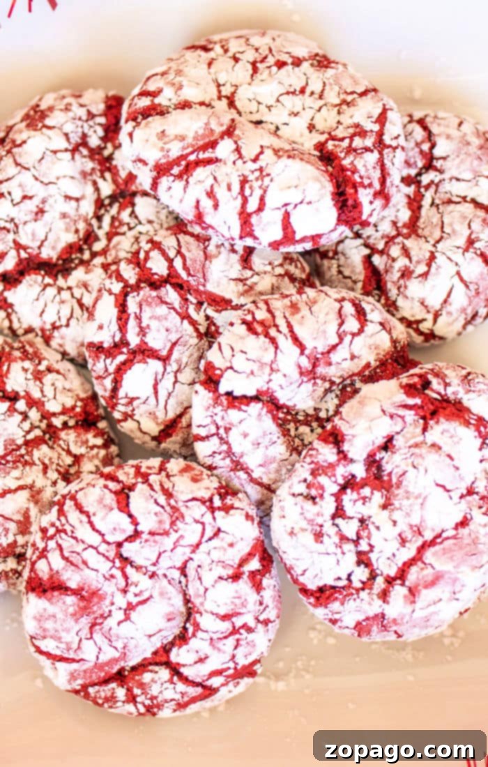 Red Velvet Crinkle Cookies Cake Mix 8 Red Velvet Crinkle Cookies - Close up on an arrangement of crinkle cookies.