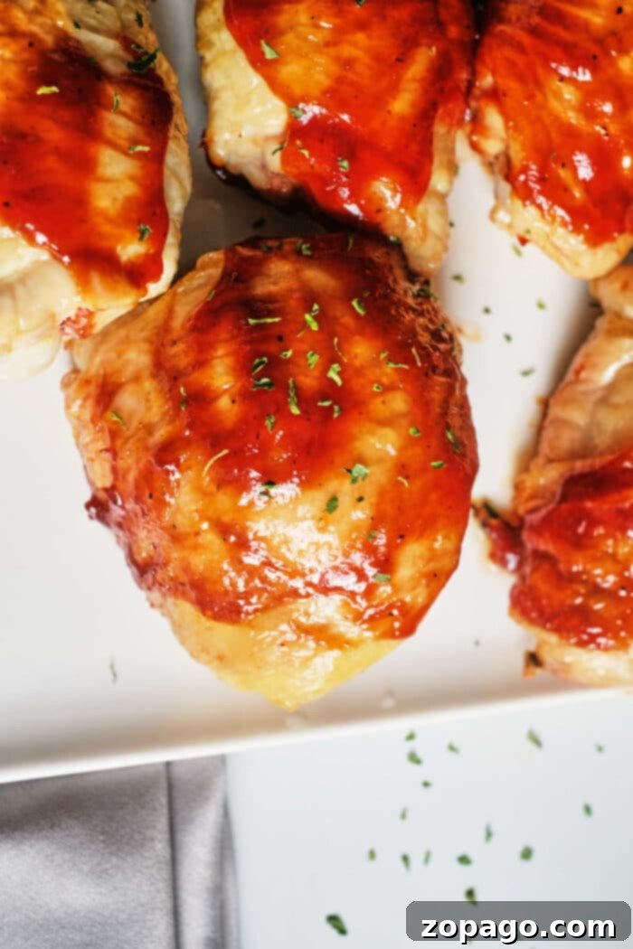 Juicy Oven BBQ Chicken Thighs 5 Baked BBQ Chicken - golden brown and saucy