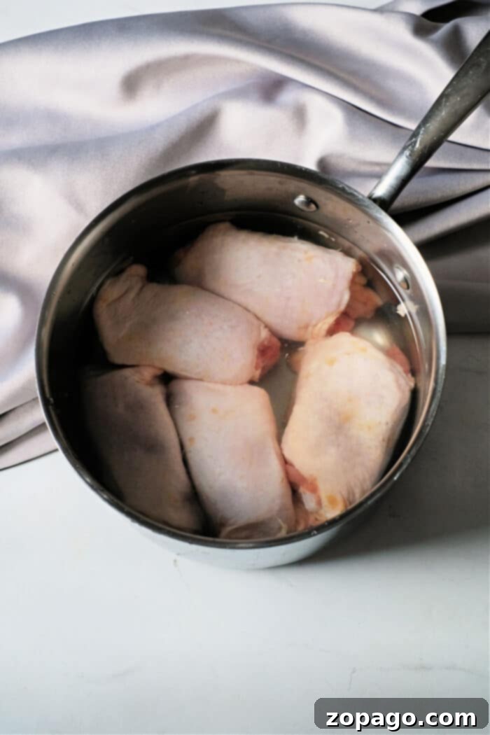 Boiling Chicken Straight From Frozen 3 frozen chicken thighs rest in a metal pot filled with water on a marble surface, set against a silver cloth backdrop—a perfect start for those wondering, Can you boil frozen chicken?.