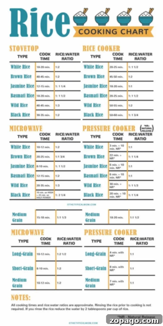 Mastering Rice Cooking Duration 7 A comprehensive printable chart displaying various rice types and their respective cooking times for different methods, offering a quick and easy reference for home cooks.