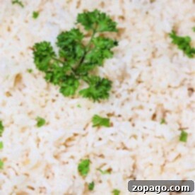A close-up of cooked rice, garnished with sprigs of fresh parsley, invites the question: how long does rice take to cook to perfection?