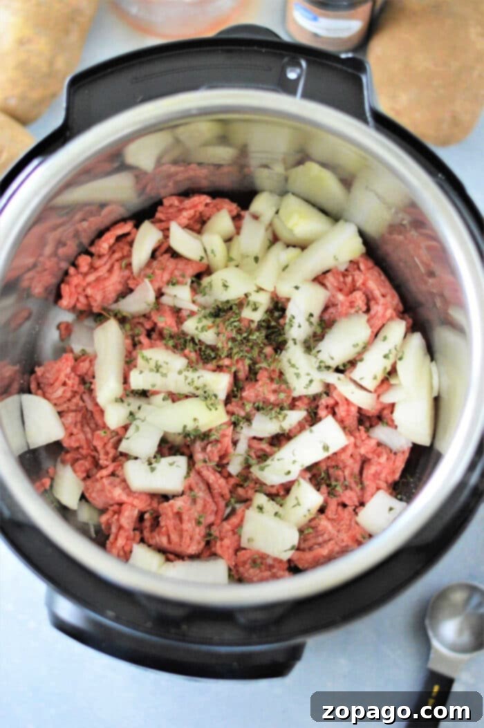 Cooking Ground Beef to Perfection 6 An overhead view of raw ground beef, chopped onions, and seasoning in an Instant Pot, ready to be cooked. Wondering how long to cook ground beef? This combination ensures a delightful meal in no time.