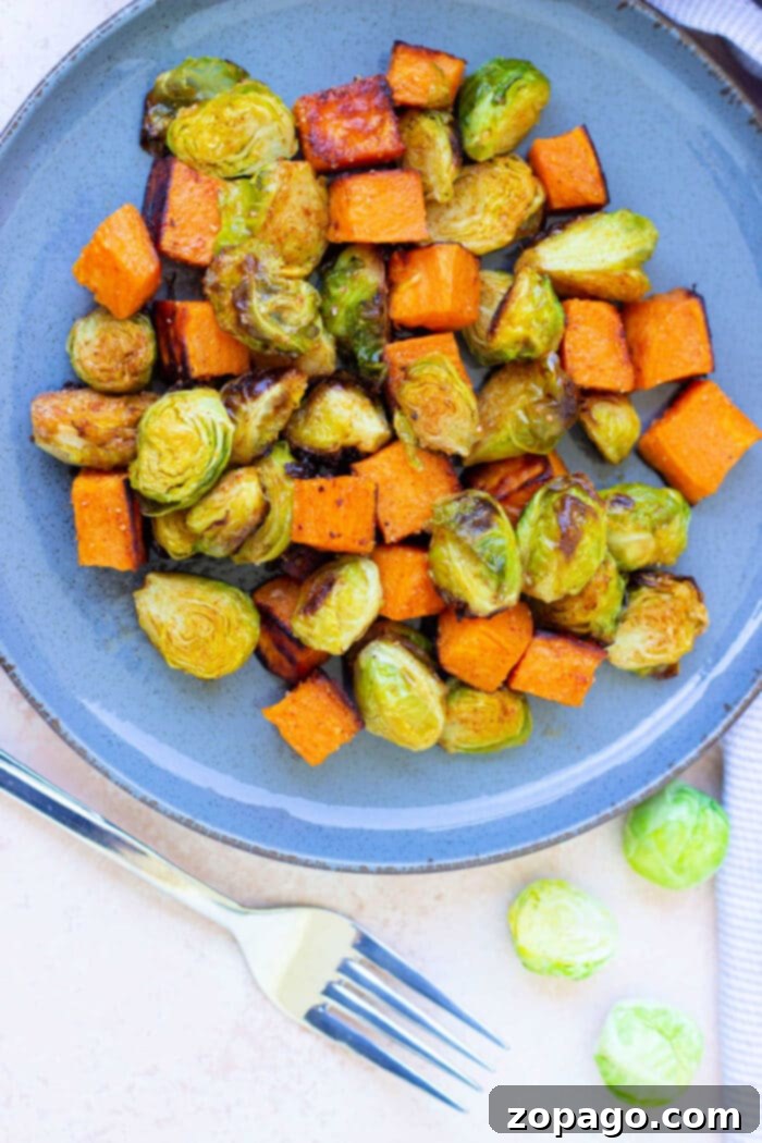 Crispy Air Fryer Brussels Sprouts and Sweet Potatoes 6 Air Fryer Sweet Potato and Brussel Sprouts dish, ready to serve