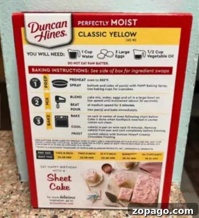 Next-Level Box Cakes Secret Tips for a Homemade Taste 8 Box of Duncan Hines Perfectly Moist Classic Yellow cake mix, featuring preparation instructions and ingredients: 1 cup water, 3 large eggs, and 1/2 cup vegetable oil. Box includes baking instructions for various pan sizes and yields, plus clever box cake mix hacks to elevate your dessert game.