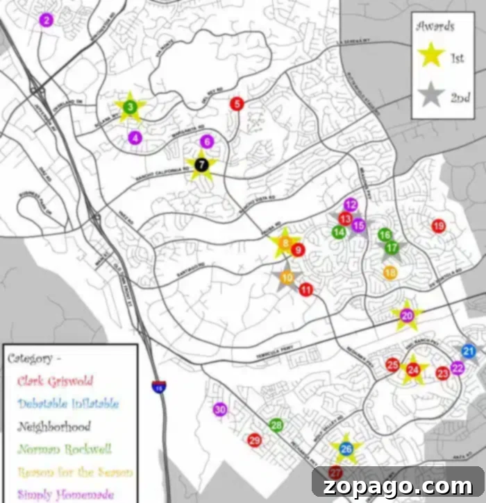 If you're looking to do your own Temecula Christmas lights tour here's the map for that and Murrieta too. Christmas lights Temecula map is ready to print! Explore our Christmas Lights Temecula map, a festive guide with neighborhoods adorned by numbered, colored stars marking key locations. Categories like Clark Griswold and Simply Homemade add holiday charm, while the legend displays award stars for 1st and 2nd place winners.