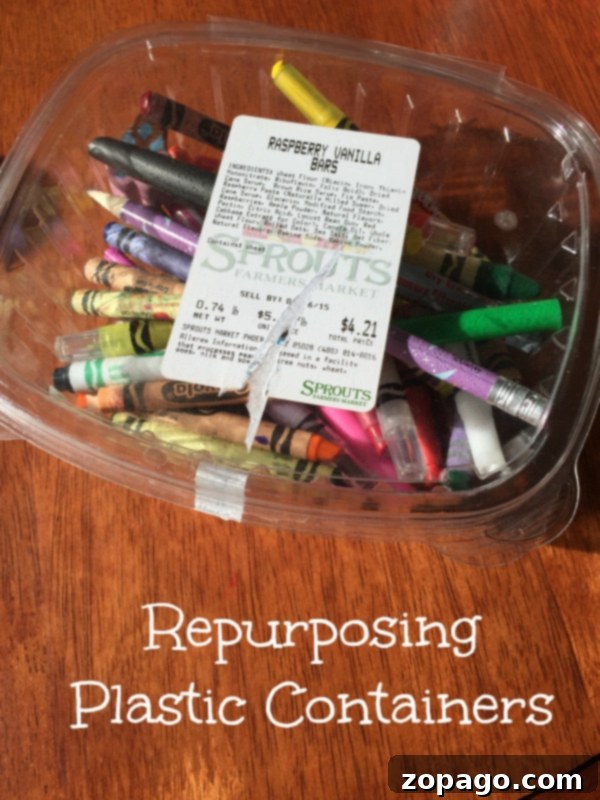 Clever ideas for reusing flat plastic containers to organize crayons and create 'busy boxes' for kids, especially when dining out. Repurposing flat plastic containers for kids' crayons and small items