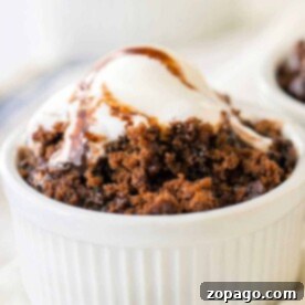 Hot Water Cake: Your Secret to Moist Perfection 7 A hot water chocolate cake, baked to perfection in a white ramekin, is crowned with melting vanilla ice cream and draped in luscious chocolate sauce.