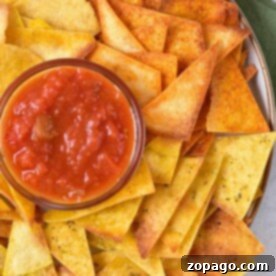 A plate of yellow and orange tortilla chips, made using an air fryer for a crispy texture, surrounds a bowl of red salsa. The plate rests on a surface where a green cloth peeks out from underneath.